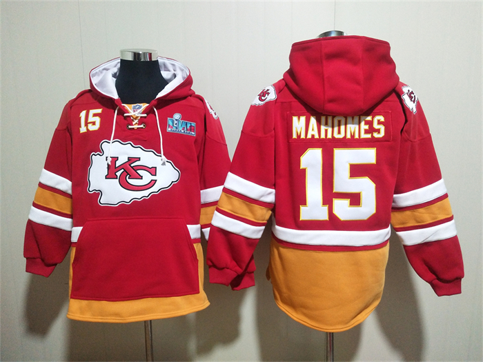 Kansas City Chiefs #15 Patrick Mahomes Super Bowl LVIII Patch Hoodies Red Lace-Up Pullover Hoodie